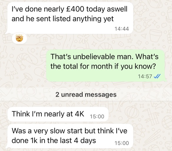 £400 today, nearly 4k, 1k in 4 days